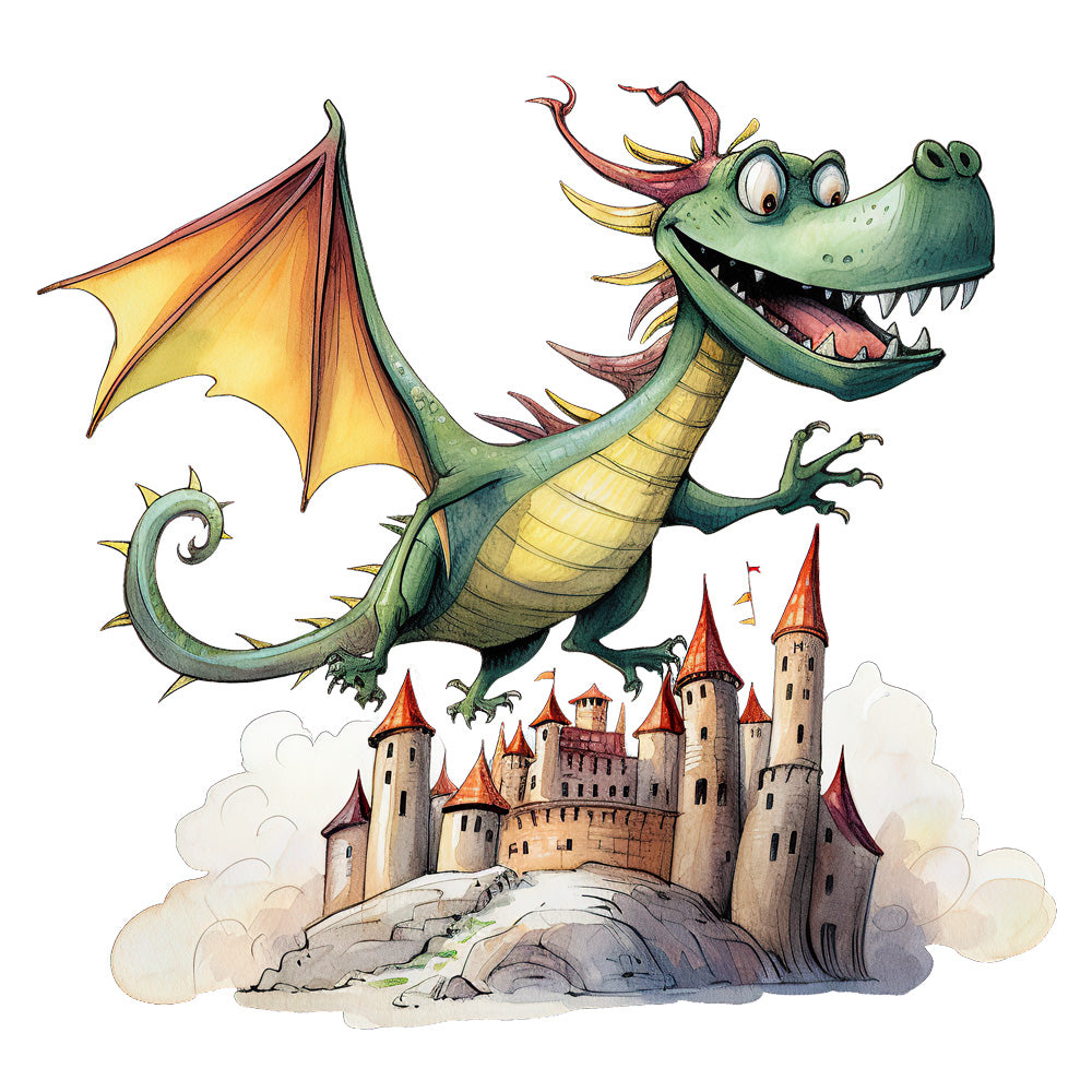 Bügelbild Drache Comic mit Burg