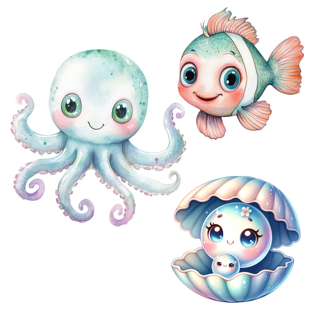 Bügelbild Set Oktopus, Muschel Kawaii, Fisch grün