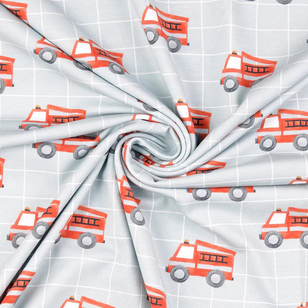 Baumwolle Jersey "Feuerwehrautos" grau