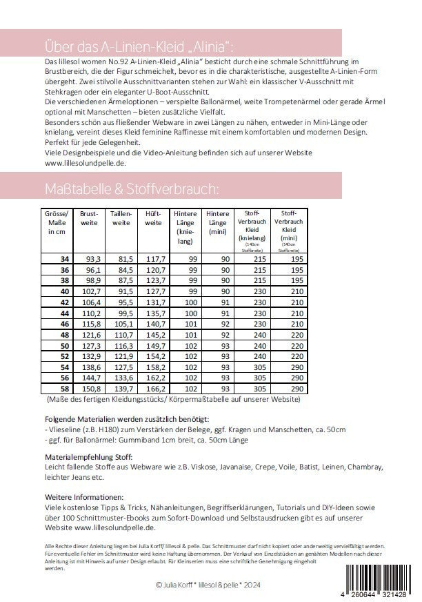 Papierschnittmuster No.92 A-Linien-Kleid "Alinia"