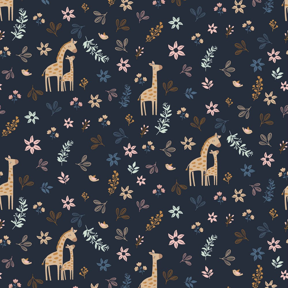 Baumwolle/Popelin " Giraffe und Blätter" navy