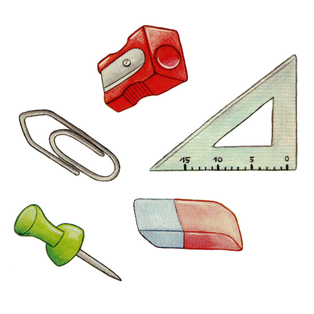 Bügelmotive-Set Radiergummi, Lineal, Pin, Büroklammer & Spitzer