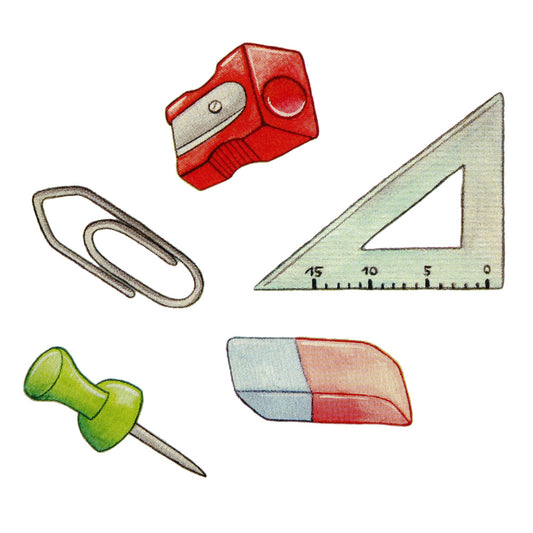 Bügelmotive-Set Radiergummi, Lineal, Pin, Büroklammer & Spitzer