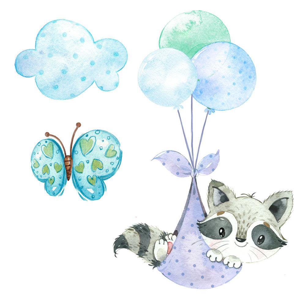 Bügelmotive Set Waschbär mit Ballons