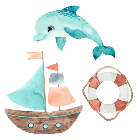 Bügelmotiv-Set Boot, Rettungsreifen, Delfin
