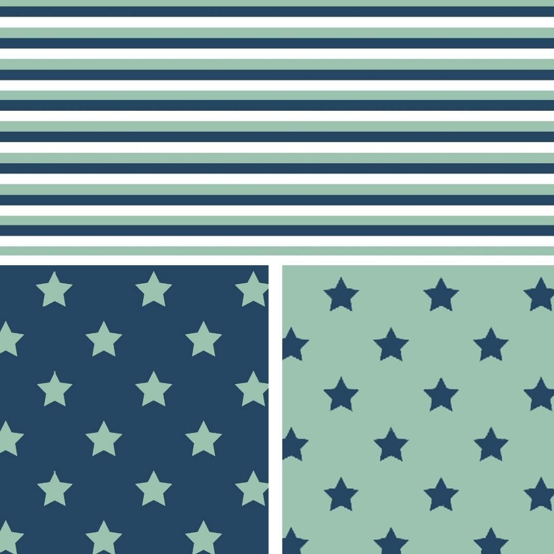 Jersey Baumwolle, Sterne und Streifen,dunkelblau, mint