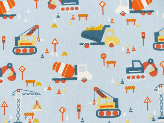 Baumwolle, Webware, Baufahrzeuge, hellblau