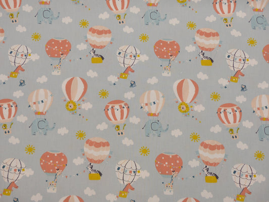 Baumwolle, Webware, Tiere im Ballon, hellblau