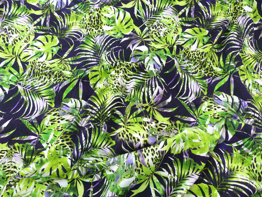 Jersey Baumwolle, "Blätter", schwarz, kiwi, lila