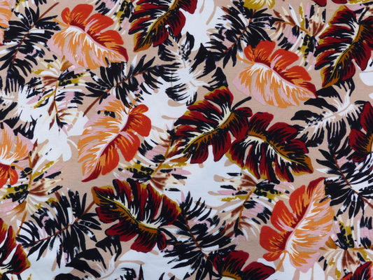 Viskosejersey-große Blätter-beige/rot