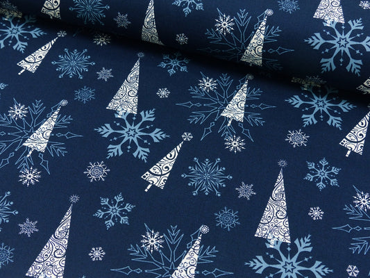Baumwolle- Webware- Weihnachten mit Tannen und Schneeflocken