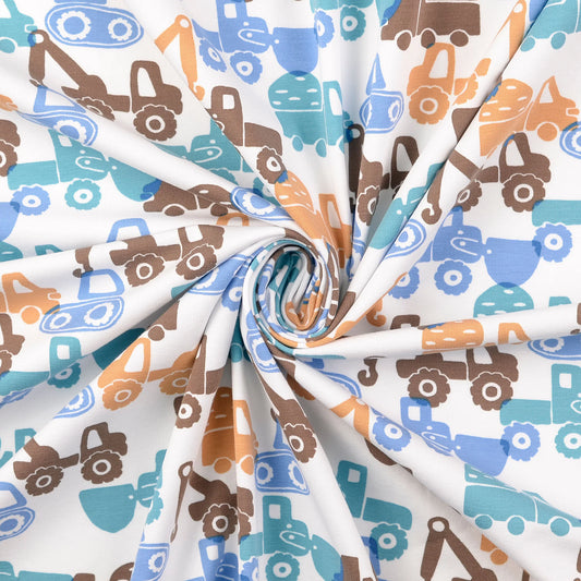 Baumwolle Jersey "Baufahrzeuge" blau