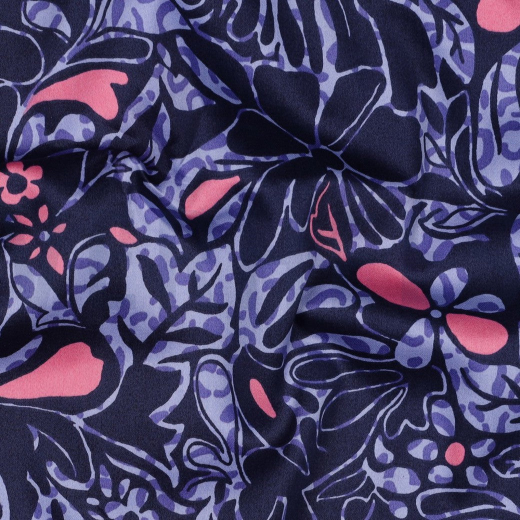 Cotton Satin "Blumen" Marine