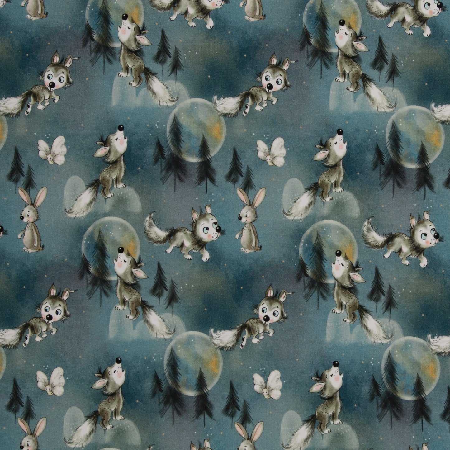 Stoffpaket Wolf Smaragd mit Waffeljersey