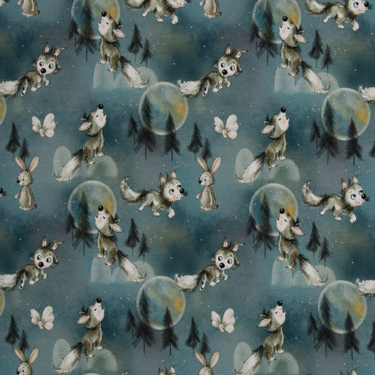 Jersey Druck "Wolf, Mond & Hase" smaragd