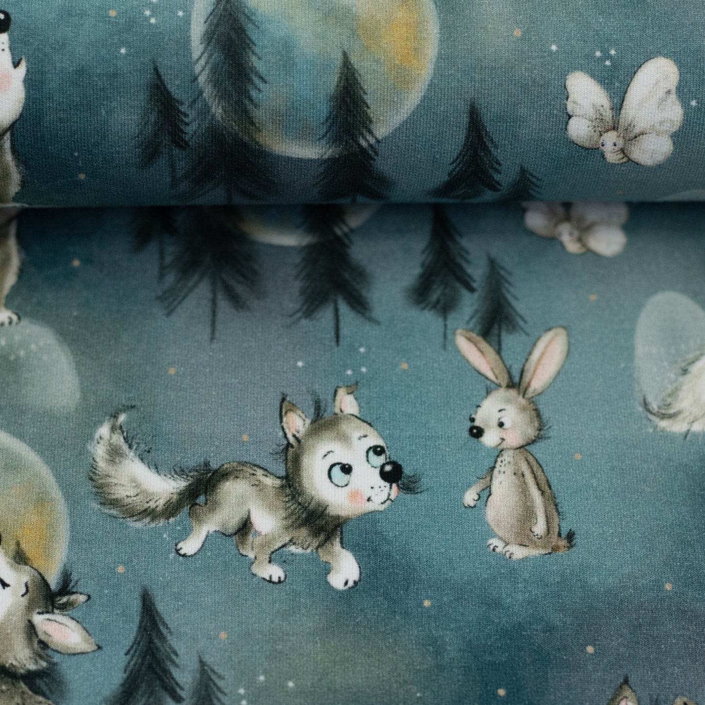 Stoffpaket Wolf Smaragd mit Waffeljersey