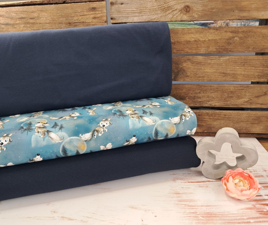 Stoffpaket Wolf Smaragd mit Waffeljersey