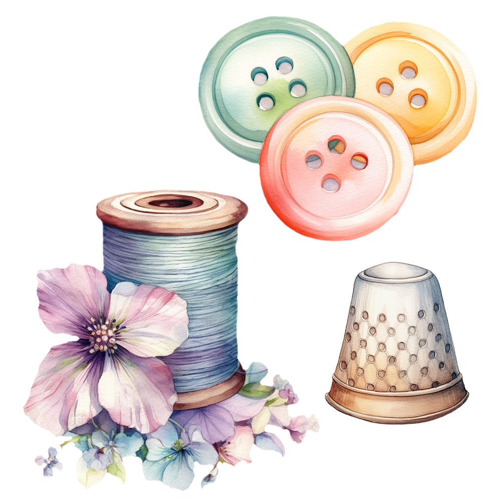 Bügelbild Set Knöpfe, Fingerhut, Zwirn