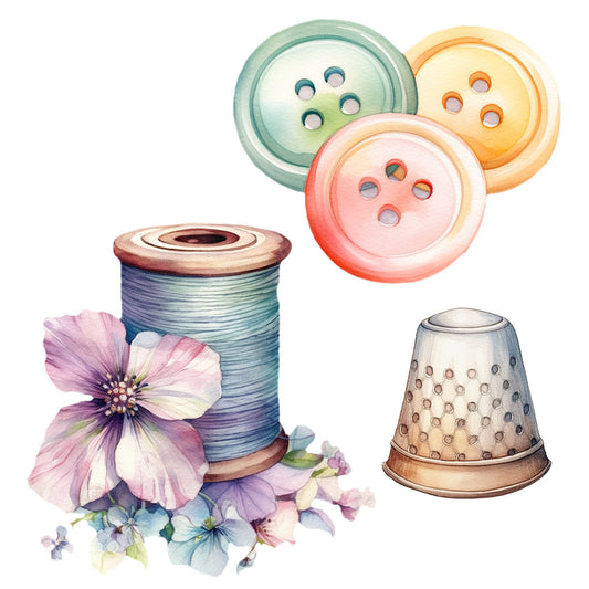 Bügelbild Set Knöpfe, Fingerhut, Zwirn