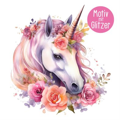 Bügelbild Glitzer Einhorn Pastell rötlich