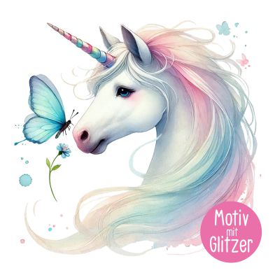 Bügelbild Glitzer Einhorn Pastell Schmetterling