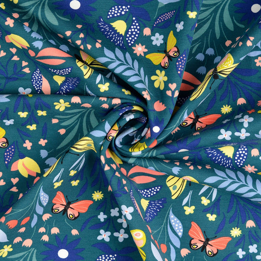 Baumwolle French Terry "Blumen" Petrol