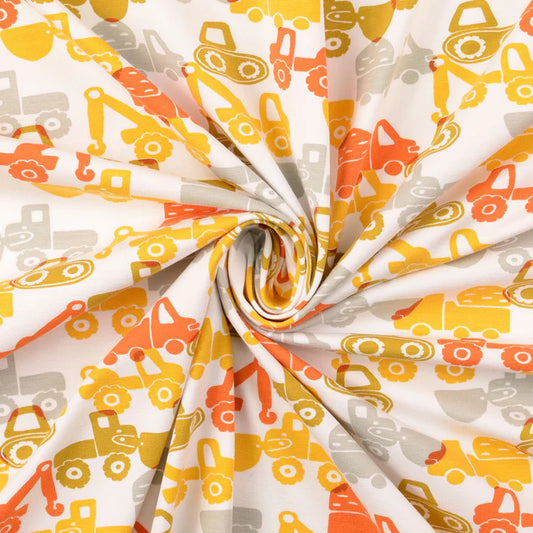 Baumwolle Jersey "Baufahrzeuge" senf