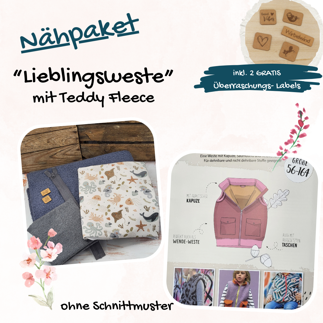 Nähpaket  "Lyblingsweste" (Gr.80-140) mit Teddyfleece