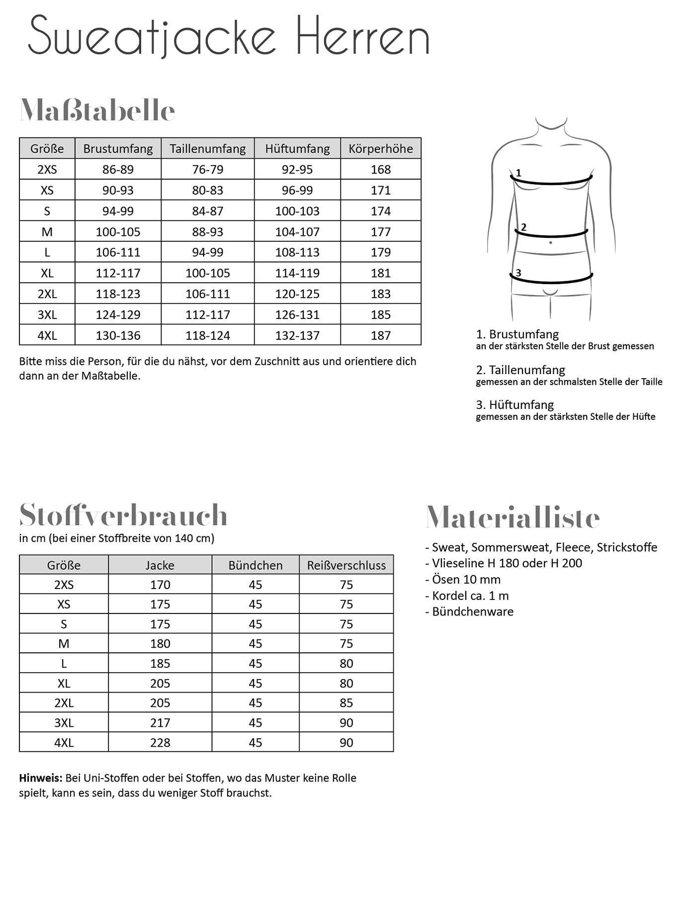 Papierschnittmuster Sweatjacke Herren