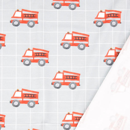 Baumwolle Jersey "Feuerwehrautos" grau