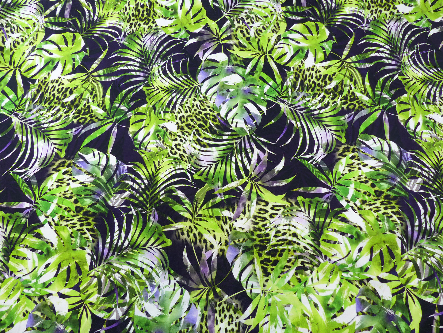 Jersey Baumwolle, "Blätter", schwarz, kiwi, lila